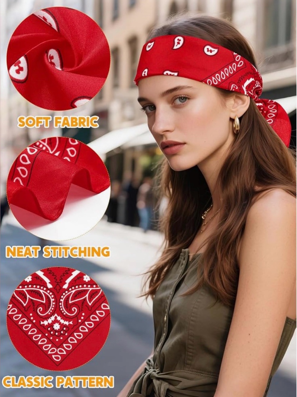 Red Bandana Headband for Women - Classic Pattern